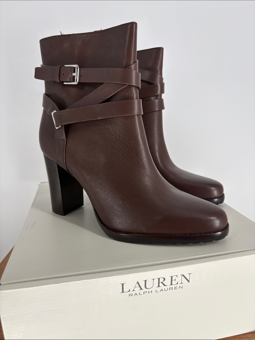 New Lauren Ralph Lauren Brown Leather Buckle Ankle Boots Size 10 Retail $225